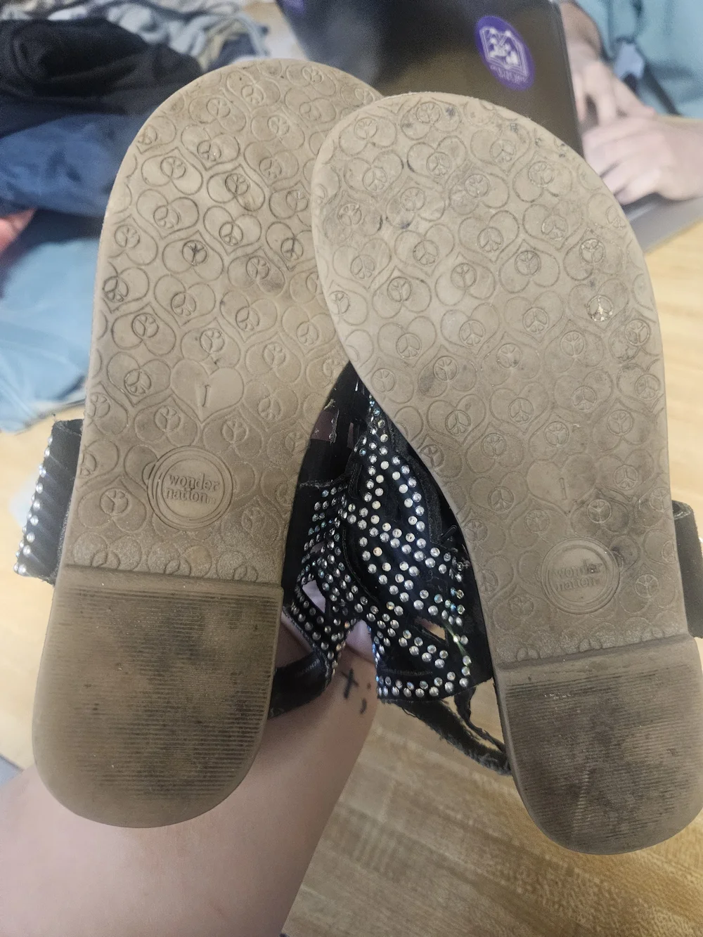 wonder nation Black Rhinestone Braided Toe Strap Sandals